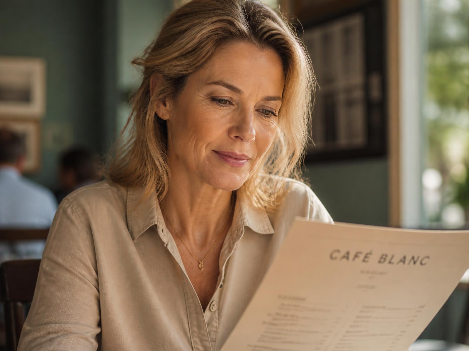 A woman in her fifties reading a cafe menu comfortably without reading glasses