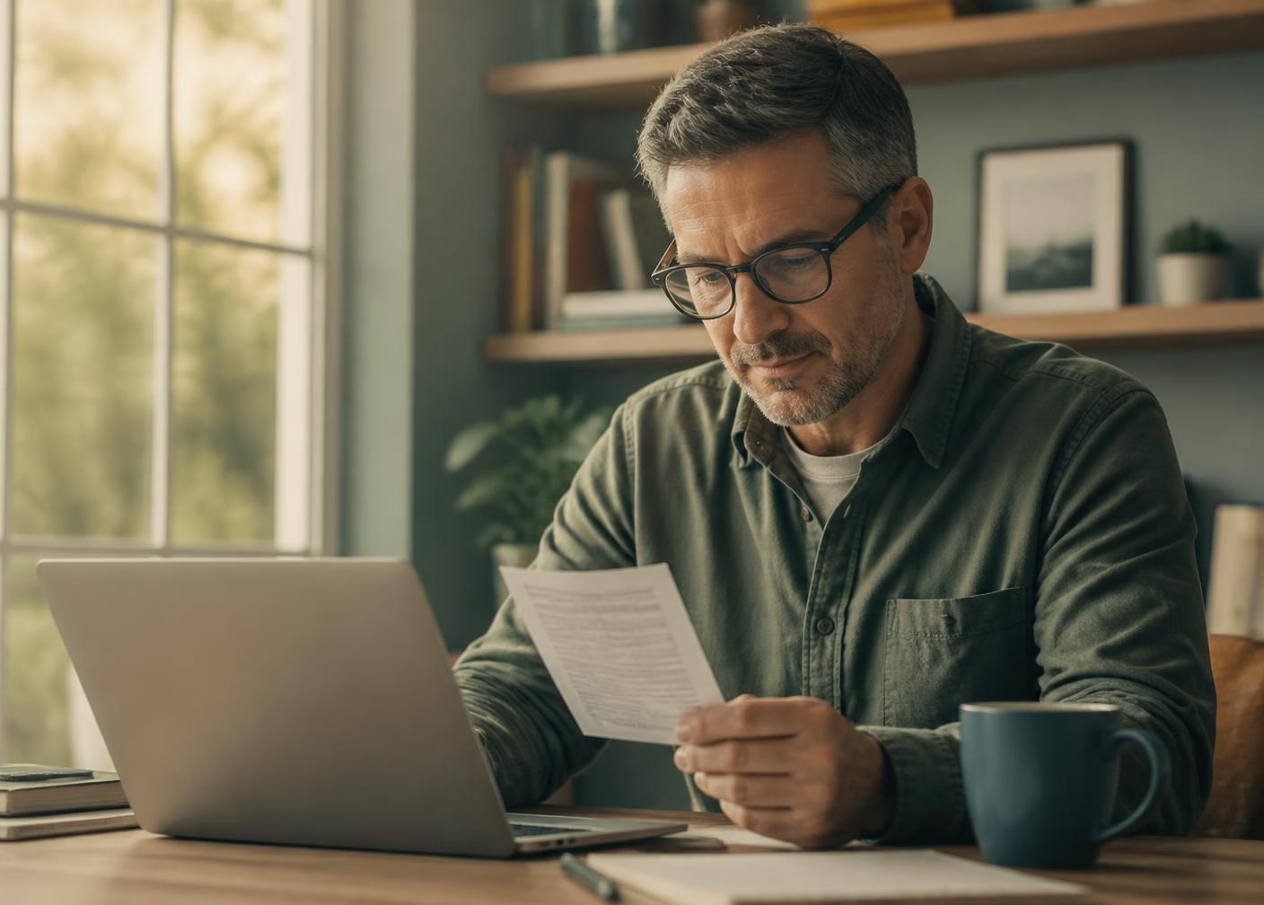 A man reading a printed document at his desk without straining
